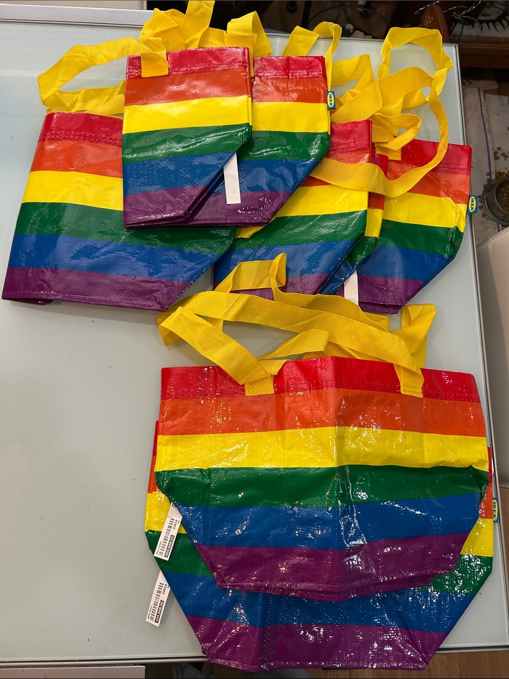 Set of 6 Rainbow Stripe  Tote Bag with Yellow Handles IKEA rainbow pride